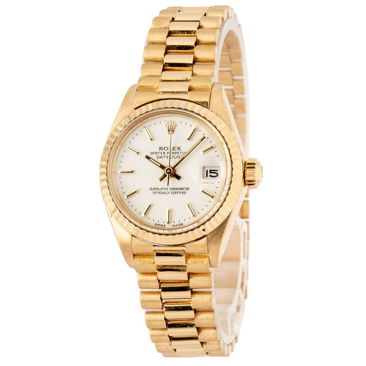 Rolex President Stick Dial Fluted Bezel Yellow Gold Lady Watch