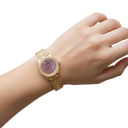 Rolex President Style Mother Of Pearl Diamond Dial Watch Gold Bezel P2