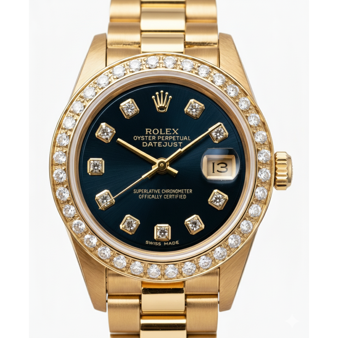 Rolex President Style Watch Blue Diamond Dial Bezel Datejust Yg