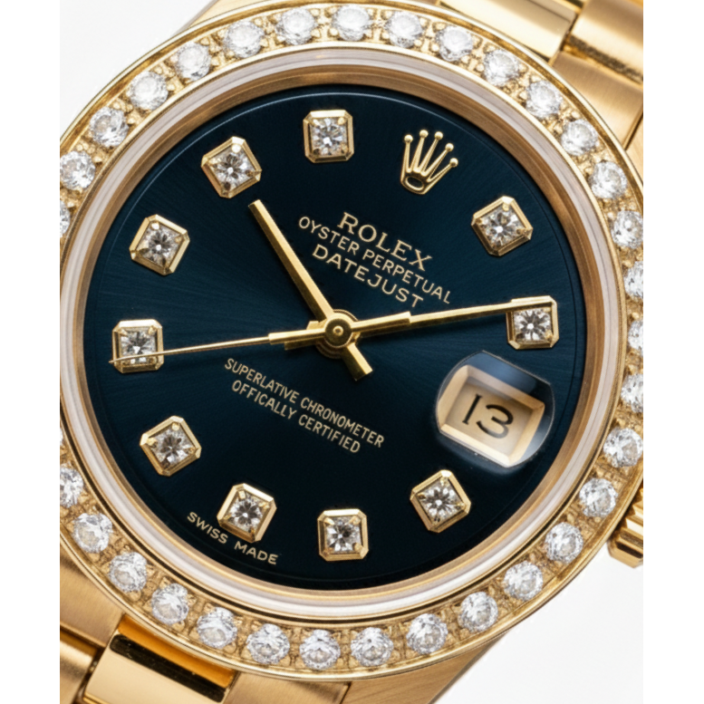 Rolex President Style Watch Blue Diamond Dial Bezel Datejust Yg
