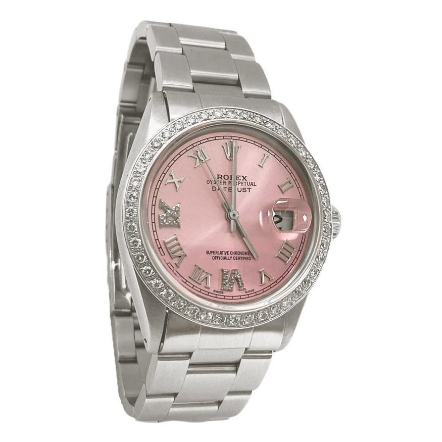 Rolex QUICK SET Pink Roman Dial Diamond Bezel Oyster Bracelet Men Watch 36 mm QUICK SET