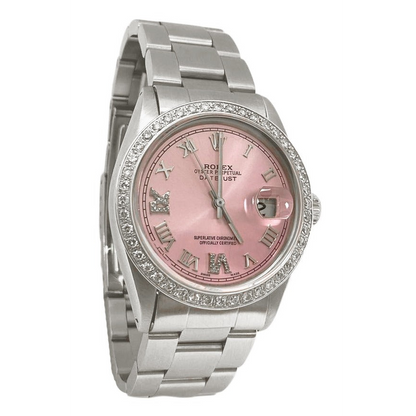 Rolex QUICK SET Pink Roman Dial Diamond Bezel Oyster Bracelet Men Watch 36 mm QUICK SET