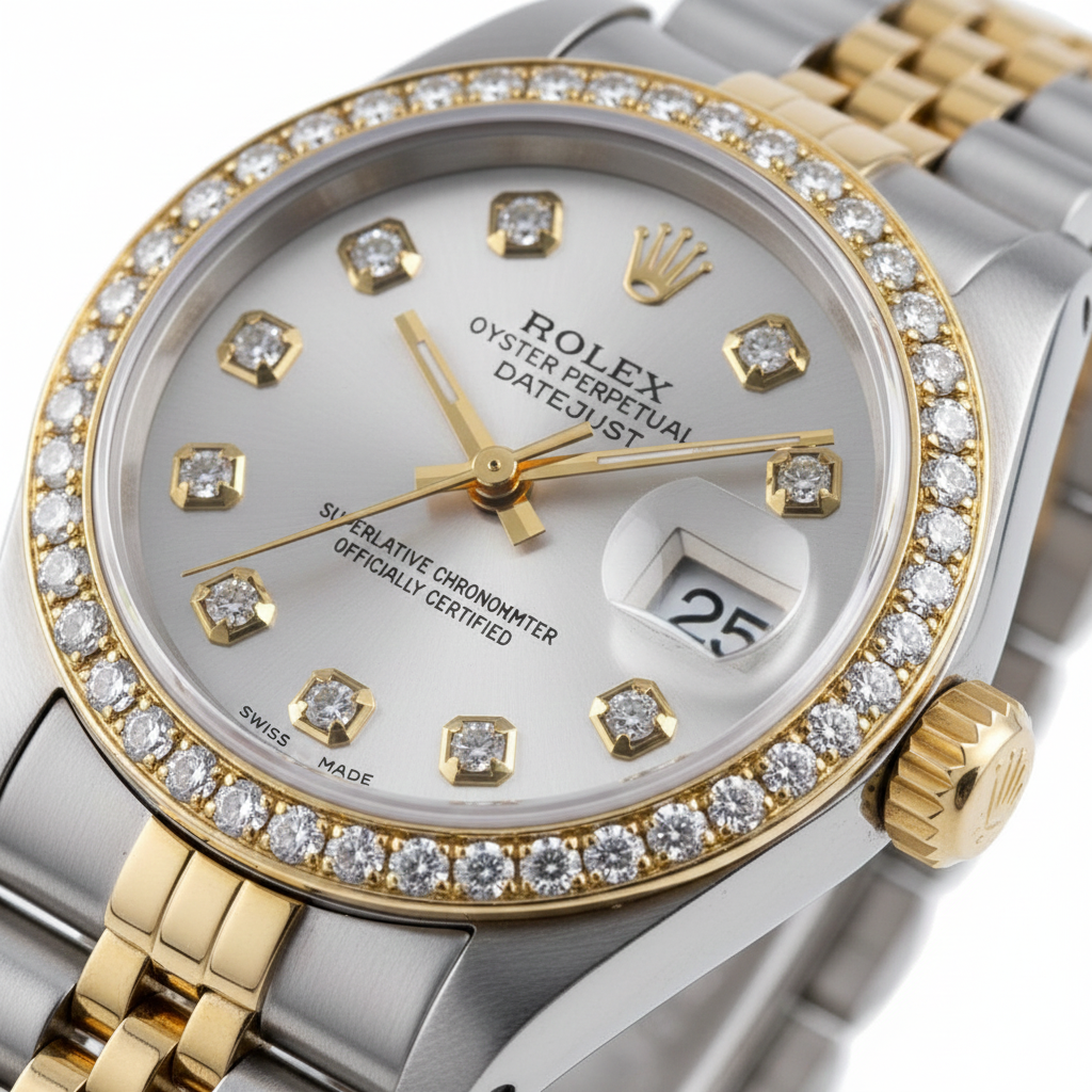 Rolex Silver Diamond Dial Datejust Women Watch Two Tone Bracelet
