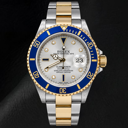 Rolex Submariner Date 16613 40mm Silver Diamond Dial Two Tone Watch