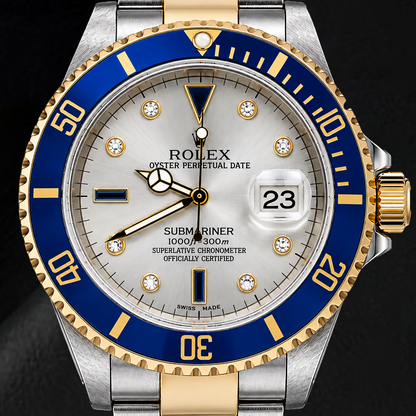 Rolex Submariner Date 16613 40mm Silver Diamond Dial Two Tone Watch