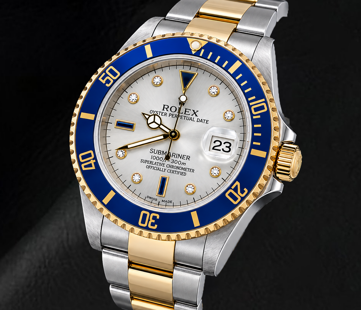 Rolex Submariner Date 16613 40mm Silver Diamond Dial Two Tone Watch