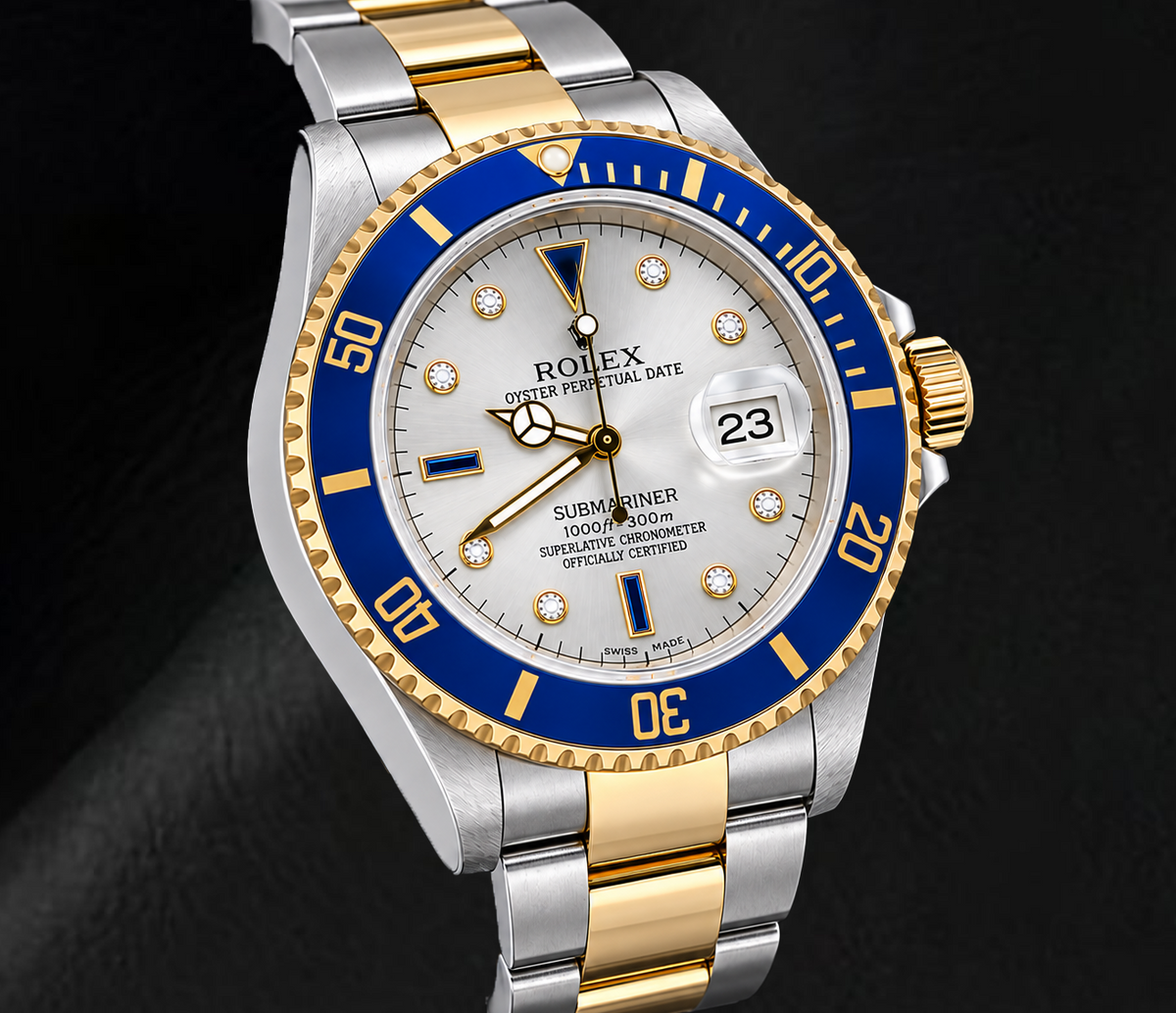 Rolex Submariner Date 16613 40mm Silver Diamond Dial Two Tone Watch