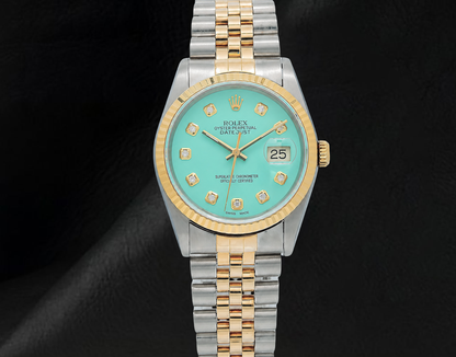 Rolex Turquoise Diamond Dial 16013 Datejust 36mm Fluted Bezel Watch Two Tone