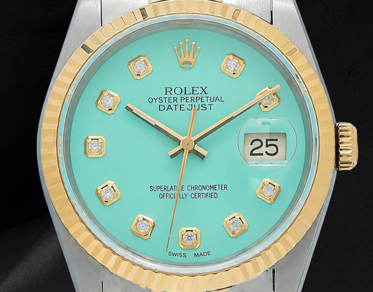 Rolex Turquoise Diamond Dial 16013 Datejust 36mm Fluted Bezel Watch Two Tone