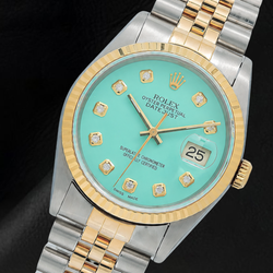 Rolex Turquoise Diamond Dial 16013 Datejust 36mm Fluted Bezel Watch Two Tone