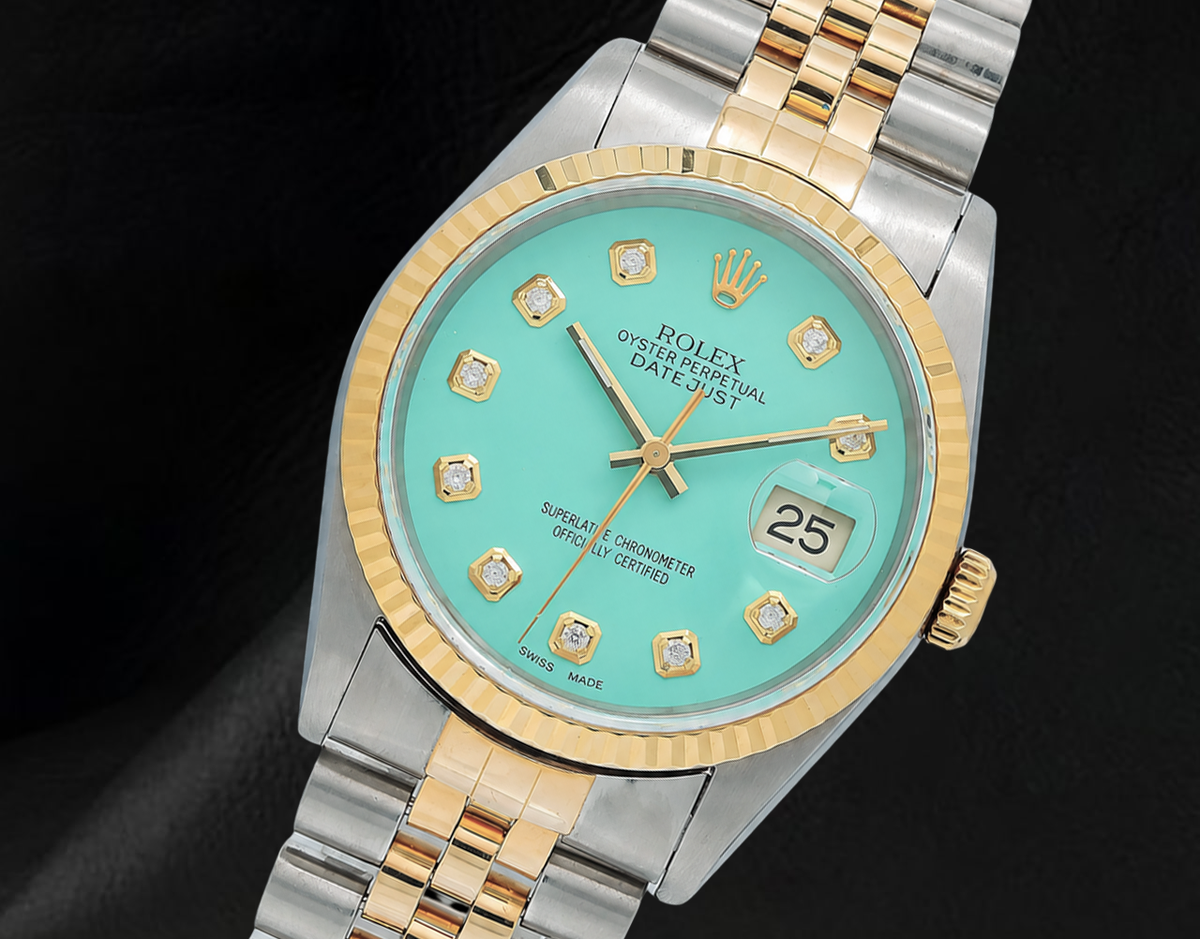 Rolex Turquoise Diamond Dial 16013 Datejust 36mm Fluted Bezel Watch Two Tone