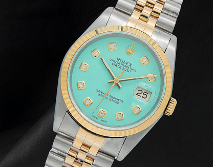 Rolex Turquoise Diamond Dial 16013 Datejust 36mm Fluted Bezel Watch Two Tone
