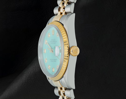 Rolex Turquoise Diamond Dial 16013 Datejust 36mm Fluted Bezel Watch Two Tone
