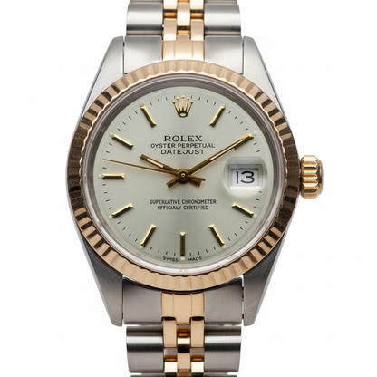Rolex White Stick Dial Very Fine Ladies Yellow Gold Watch Jubilee