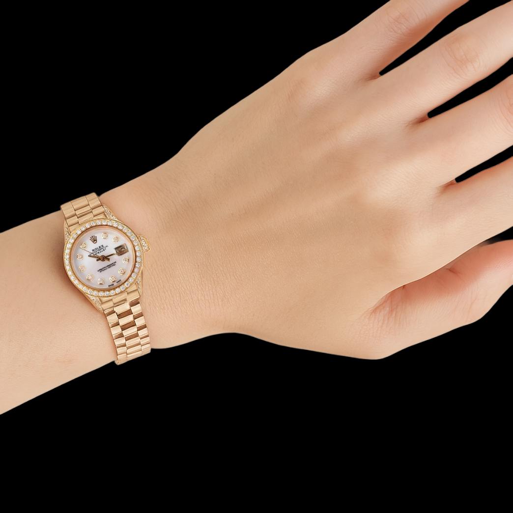 Rolex Women President Style Watch Yellow Gold Diamond Mop Dial