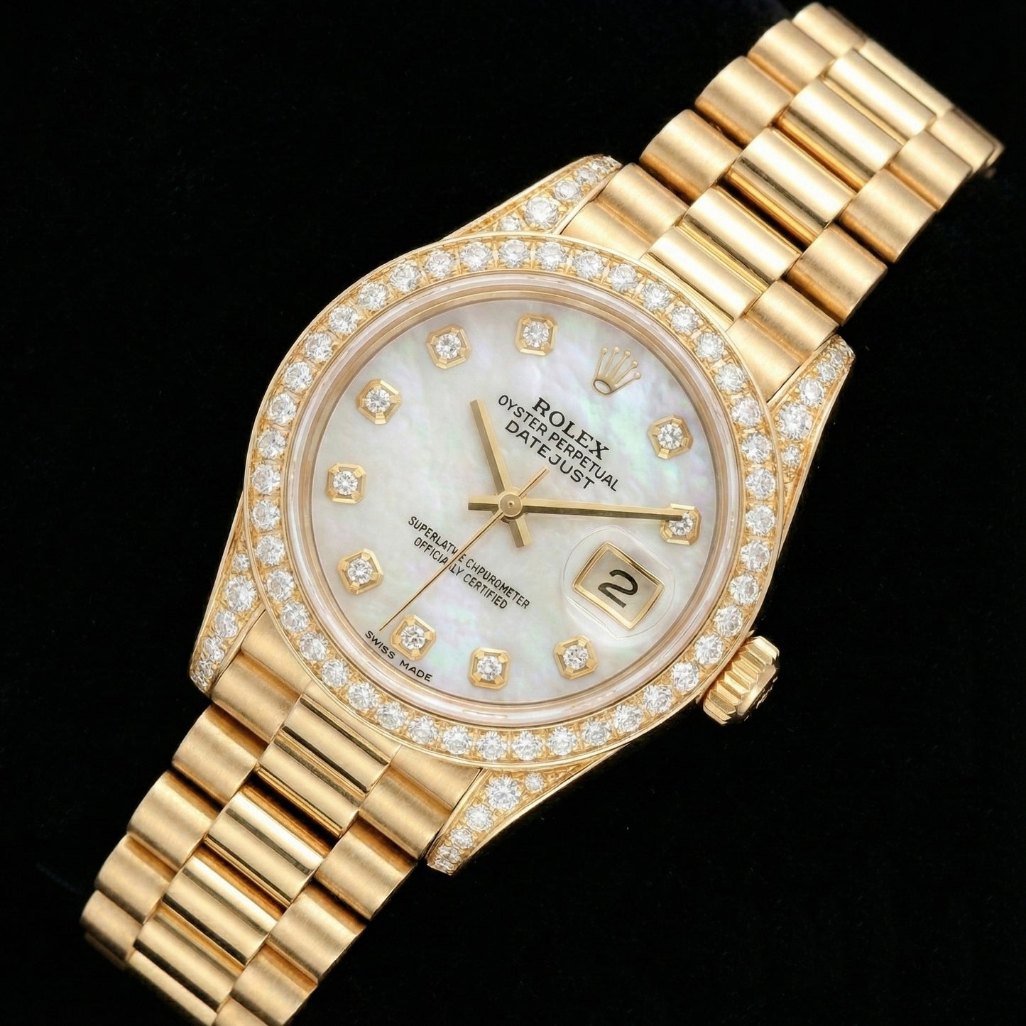 Rolex Women President Style Watch Yellow Gold Diamond Mop Dial