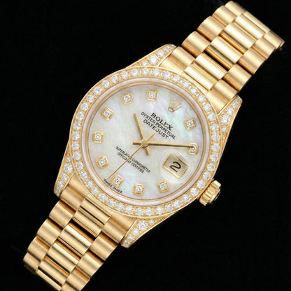 Rolex Women President Style Watch Yellow Gold Diamond Mop Dial