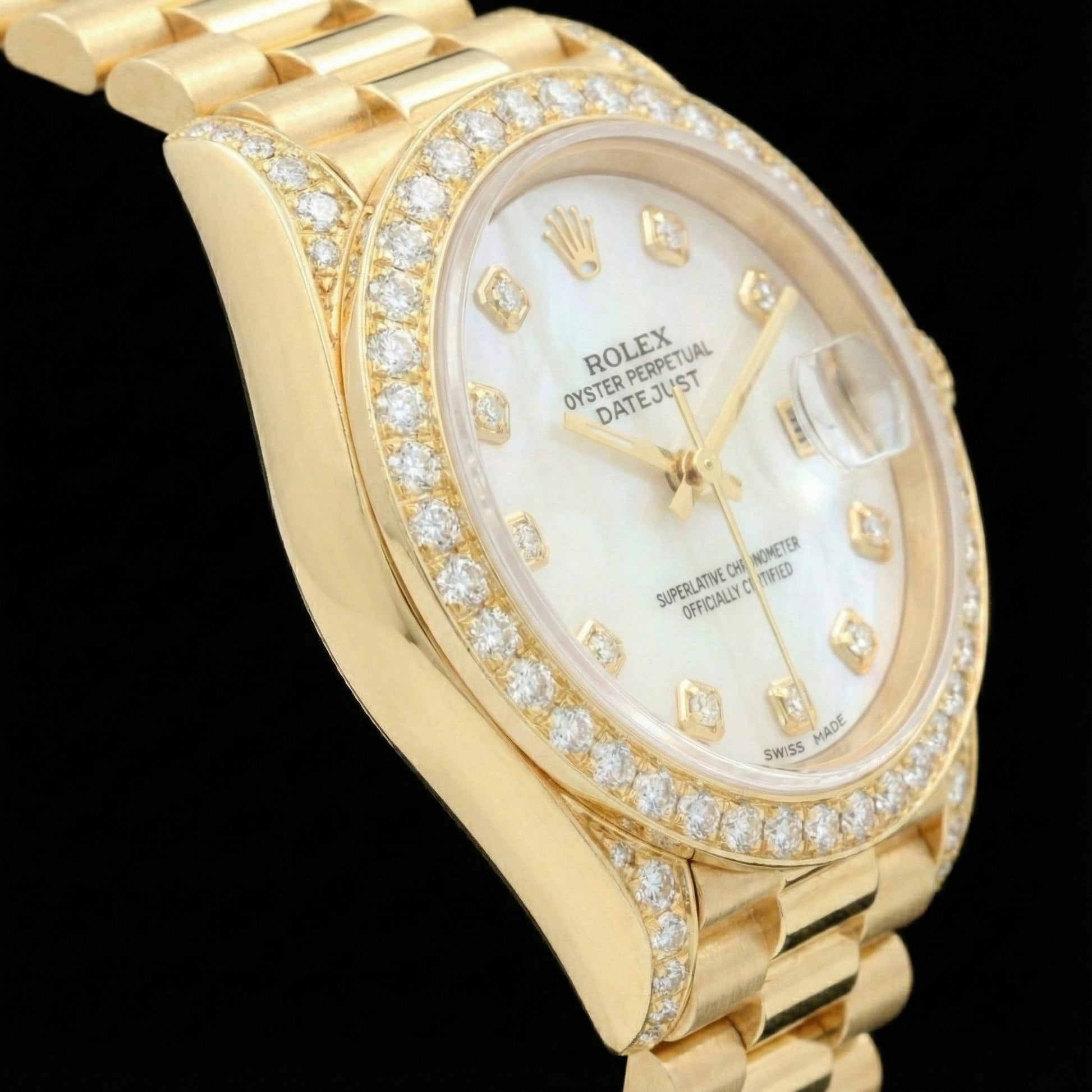 Rolex Women President Style Watch Yellow Gold Diamond Mop Dial