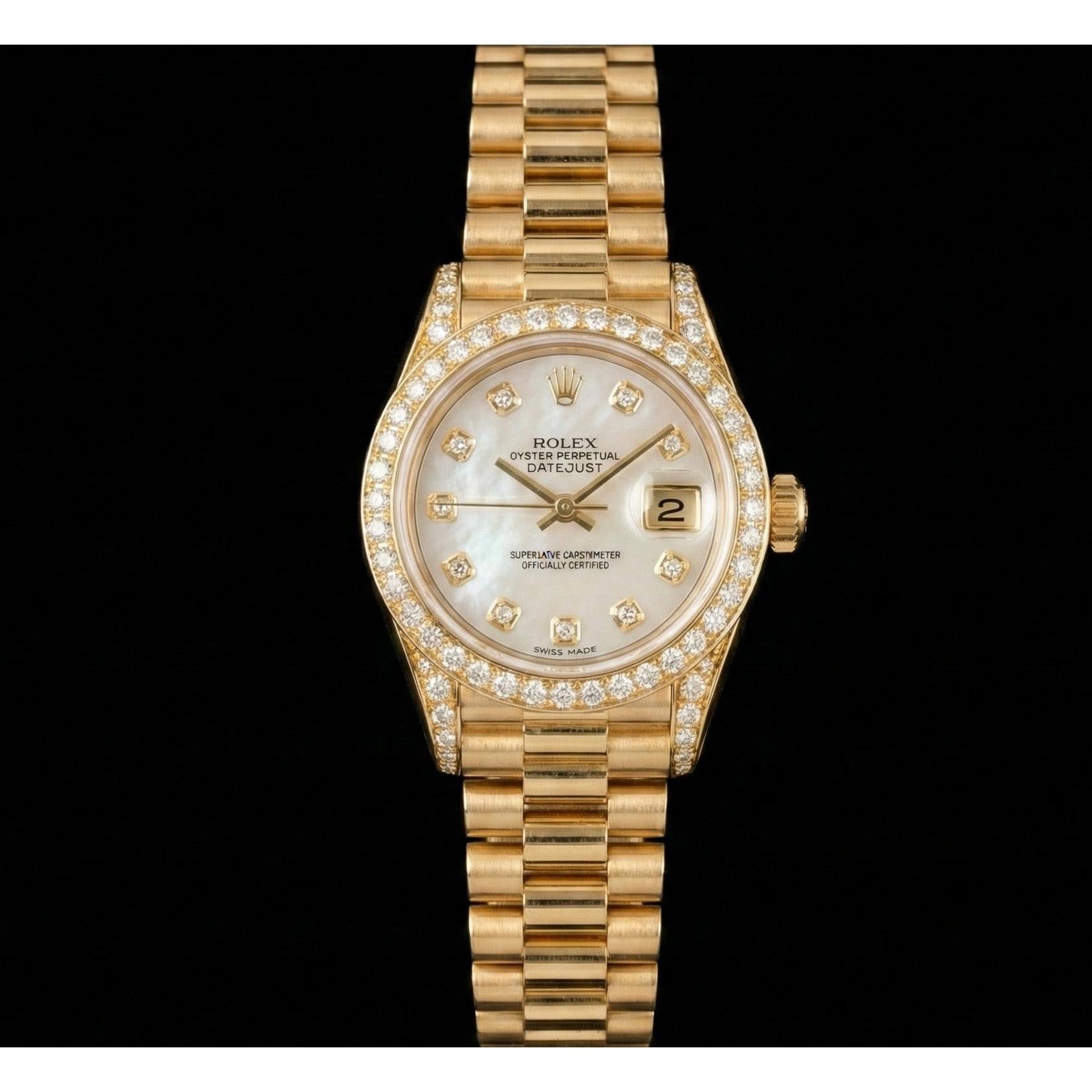 Rolex Women President Style Watch Yellow Gold Diamond Mop Dial