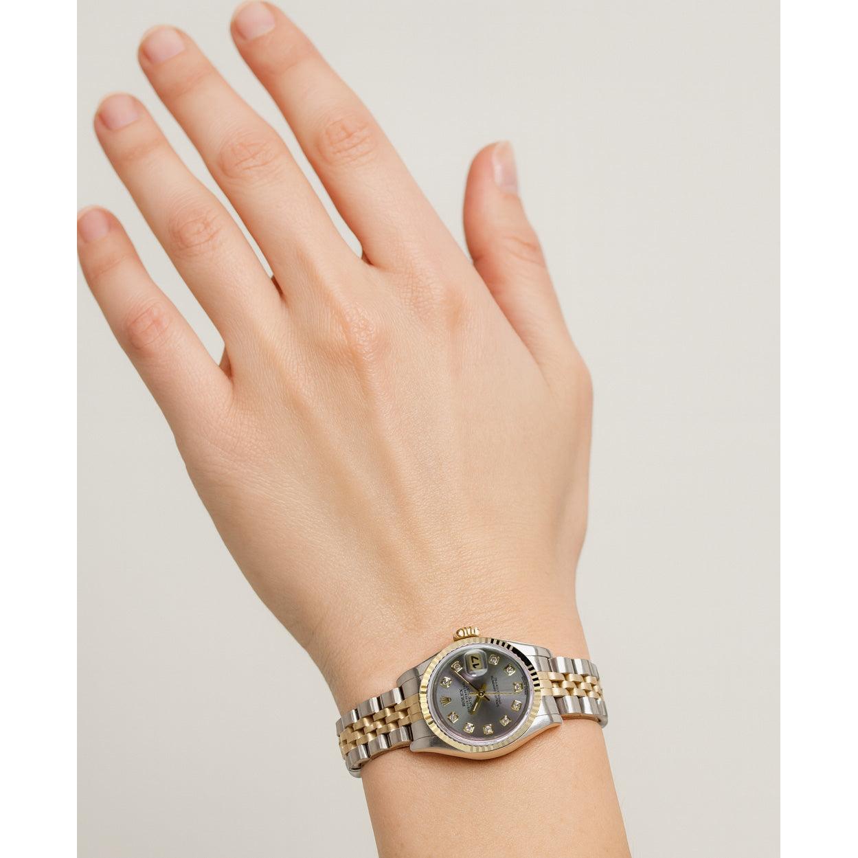 Rolex Year 2001 Datejust Gray Diamond Dial 26 mm Two Tone Ladies Watch P1