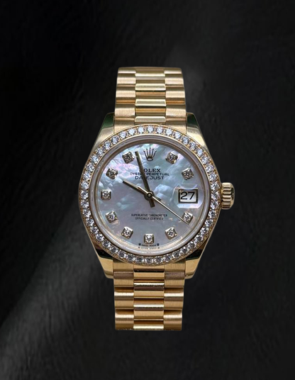 Rolex Yellow Gold Presidential 28 mm White Mother Of Pearl Diamond Dial Watch