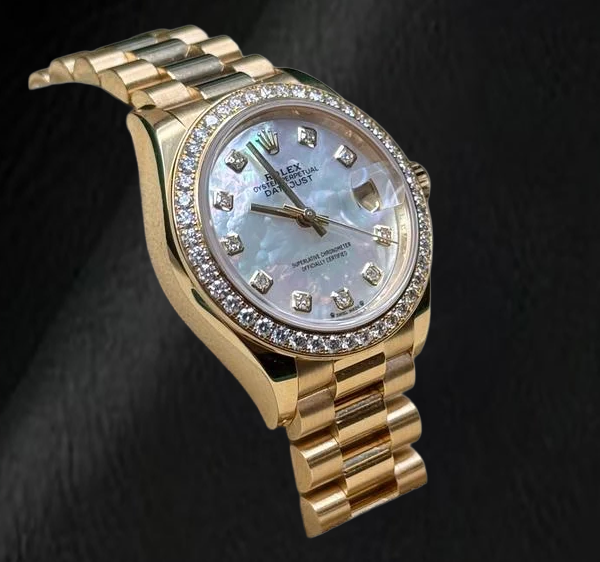 Rolex Yellow Gold Presidential 28 mm White Mother Of Pearl Diamond Dial Watch