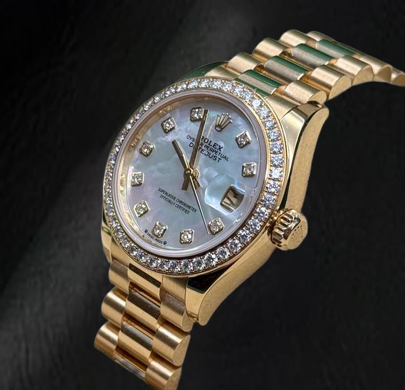 Rolex Yellow Gold Presidential 28 mm White Mother Of Pearl Diamond Dial Watch