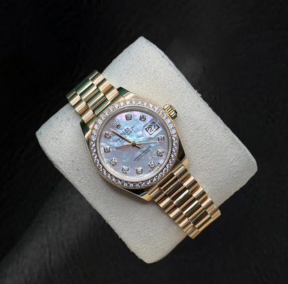 Rolex Yellow Gold Presidential 28 mm White Mother Of Pearl Diamond Dial Watch