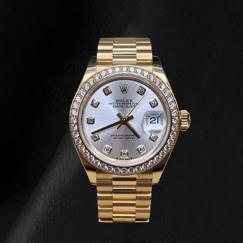 Rolex Yellow Gold Presidential 28mm Silver Diamond Dial Watch
