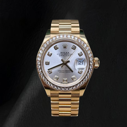 Rolex Yellow Gold Presidential 28mm Silver Diamond Dial Watch
