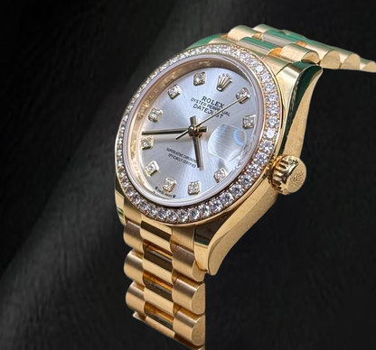 Rolex Yellow Gold Presidential 28mm Silver Diamond Dial Watch