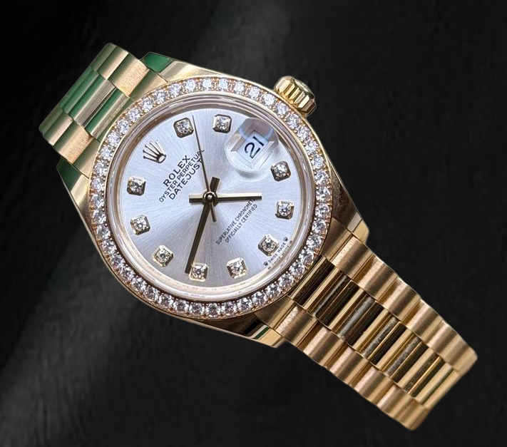 Rolex Yellow Gold Presidential 28mm Silver Diamond Dial Watch