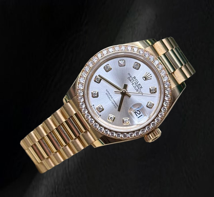 Rolex Yellow Gold Presidential 28mm Silver Diamond Dial Watch