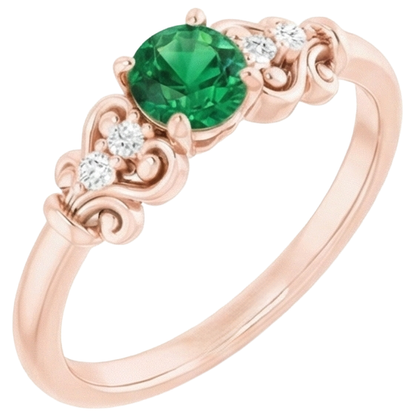Rose Gold 14K Natural Earth Mined Diamond Round Green Emerald GIA Ring 1.40 Carats