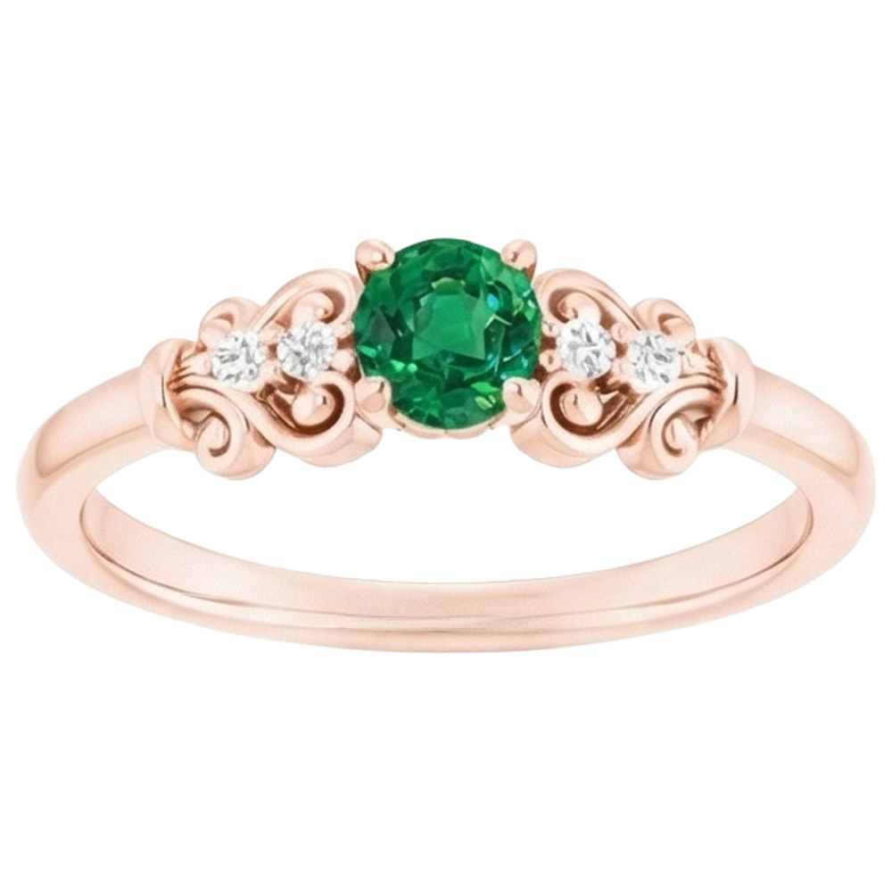 Rose Gold 14K Natural Earth Mined Diamond Round Green Emerald GIA Ring 1.40 Carats
