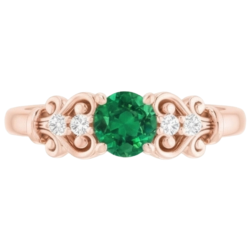 Rose Gold 14K Natural Earth Mined Diamond Round Green Emerald GIA Ring 1.40 Carats