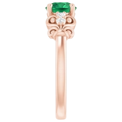 Rose Gold 14K Natural Earth Mined Diamond Round Green Emerald GIA Ring 1.40 Carats