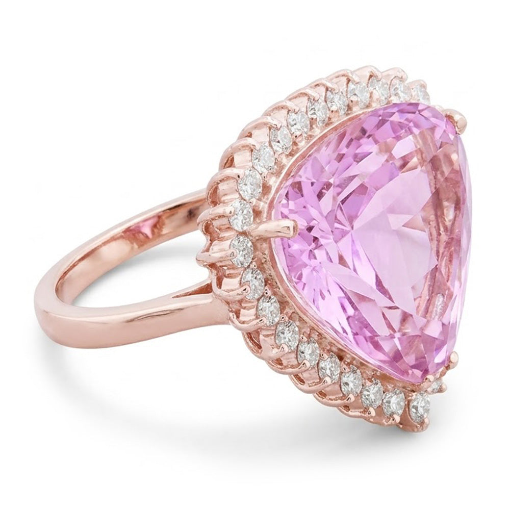 Rose Gold 19.25 Carats Trillion Kunzite With Round Natural Earth Mined Diamonds Ring