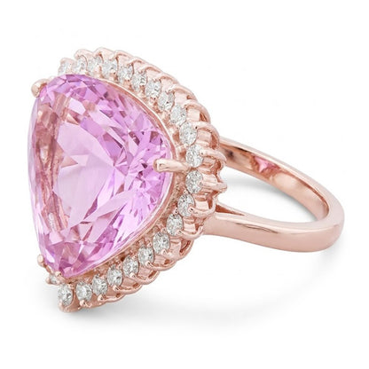 Rose Gold 19.25 Carats Trillion Kunzite With Round Natural Earth Mined Diamonds Ring