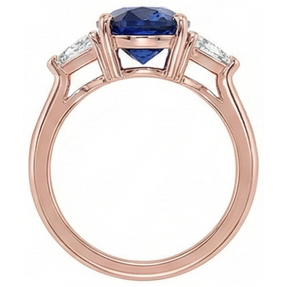 Rose Gold 3 Stone Ring Oval Blue Sapphire & Natural Earth Mined Diamond 8.25 Carats