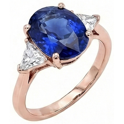 Rose Gold 3 Stone Ring Oval Blue Sapphire & Natural Earth Mined Diamond 8.25 Carats
