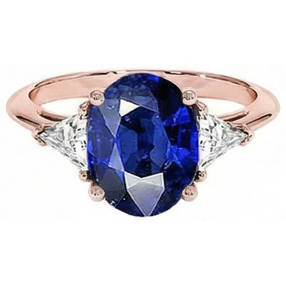 Rose Gold 3 Stone Ring Oval Blue Sapphire & Natural Earth Mined Diamond 8.25 Carats