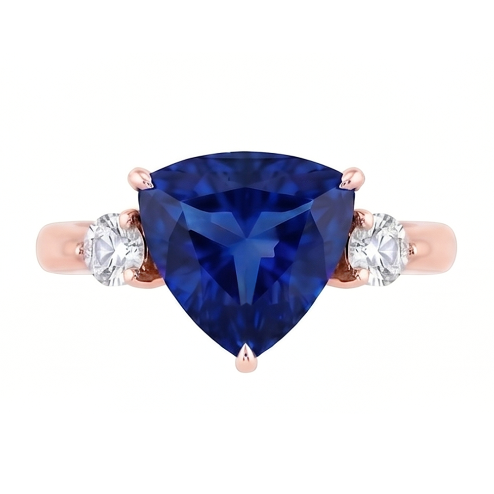 Rose Gold 3 Stone Trillion Sapphire & Round Natural Earth Mined Diamond Ring 1.75 Carats