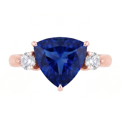 Rose Gold 3 Stone Trillion Sapphire & Round Natural Earth Mined Diamond Ring 1.75 Carats