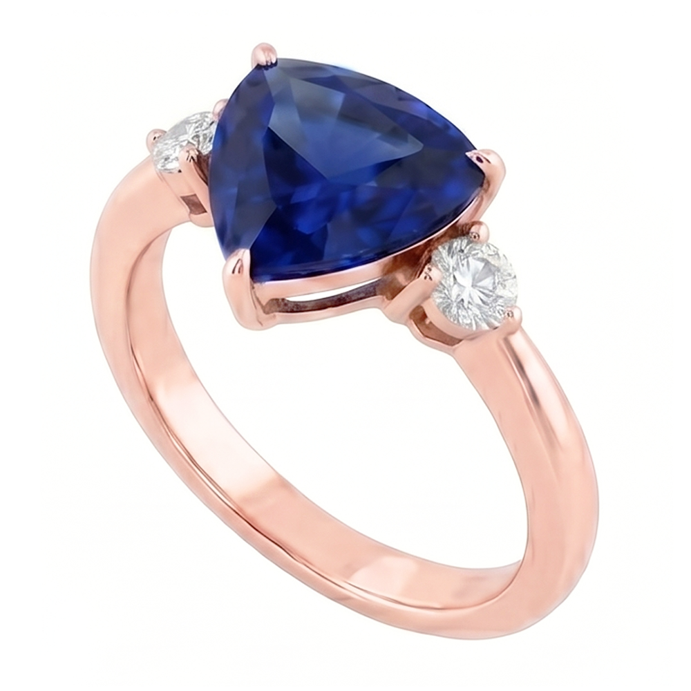 Rose Gold 3 Stone Trillion Sapphire & Round Natural Earth Mined Diamond Ring 1.75 Carats