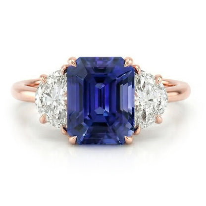 Rose Gold Emerald Sapphire 3 Stone Half Moon Natural Earth Mined Diamonds Ring 4 Carats