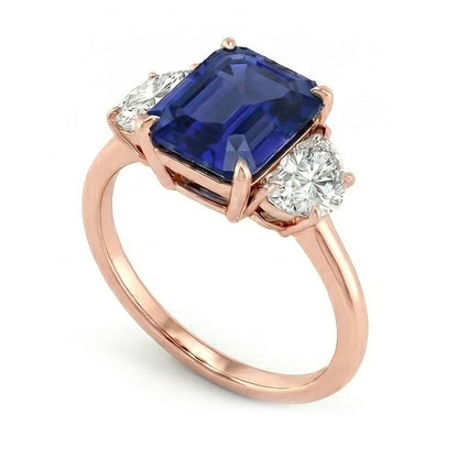 Rose Gold Emerald Sapphire 3 Stone Half Moon Natural Earth Mined Diamonds Ring 4 Carats