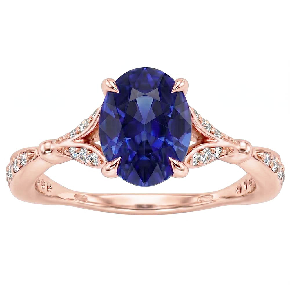 Rose Gold Gemstone Ring Split Shank Blue Sapphire & Natural Earth Mined Diamonds 3 Carats