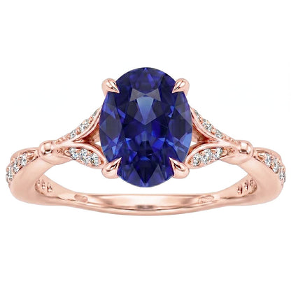 Rose Gold Gemstone Ring Split Shank Blue Sapphire & Natural Earth Mined Diamonds 3 Carats