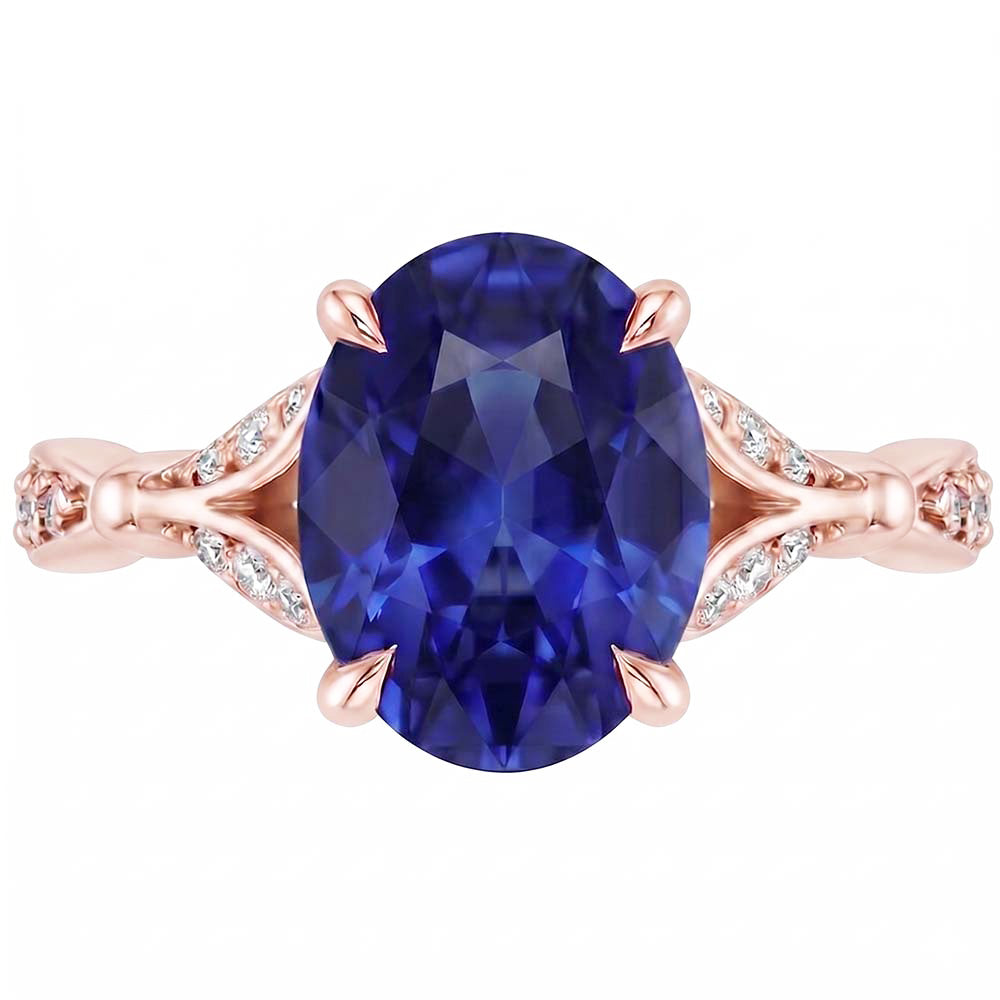 Rose Gold Gemstone Ring Split Shank Blue Sapphire & Natural Earth Mined Diamonds 3 Carats